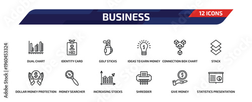 business outline icon set. 12 linear vector for ui, web and mobile. thin line dual chart, identity card, golf sticks and more icons.
