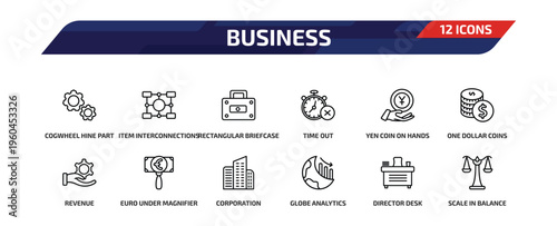 business outline icon set. 12 linear vector for ui, web and mobile. thin line cogwheel hine part, item interconnections, rectangular briefcase and more icons.