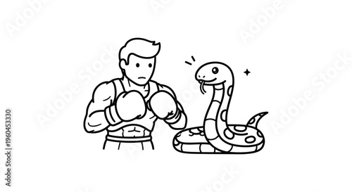 Determined boxer faces an unexpected and enigmatic snake challenge in a minimalist line art style