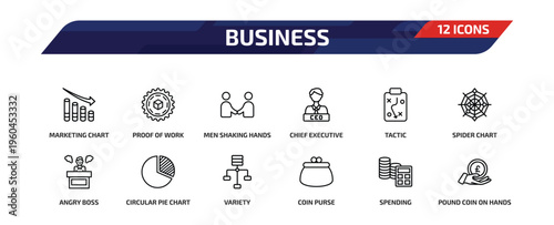 business outline icon set. 12 linear vector for ui, web and mobile. thin line marketing chart, proof of work, men shaking hands and more icons.