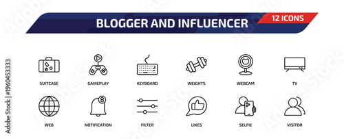 blogger and influencer outline icon set. 12 linear vector for ui, web and mobile. thin line suitcase, gameplay, keyboard and more icons.