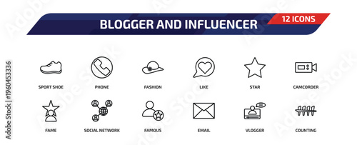 blogger and influencer outline icon set. 12 linear vector for ui, web and mobile. thin line sport shoe, phone, fashion and more icons.