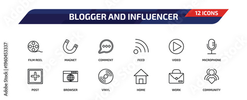 blogger and influencer outline icon set. 12 linear vector for ui, web and mobile. thin line film reel, magnet, comment and more icons.