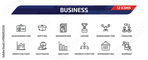 business outline icon set. 12 linear vector for ui, web and mobile. thin line color business card, empty box, newspaper page and more icons.