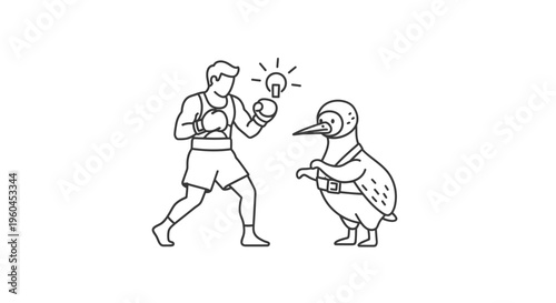 Minimalist line art illustration depicting a boxer with a brilliant idea confronting a peculiar bird