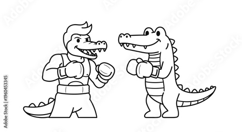 Dynamic black and white illustration of two cartoon alligators ready for a spirited boxing contest