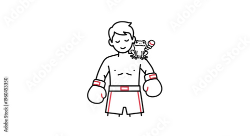 Minimalist black line illustration of a confident boxer and his small frog companion wearing tiny