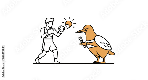 Whimsical illustration of a determined boxer facing a plucky kiwi bird in an unexpected