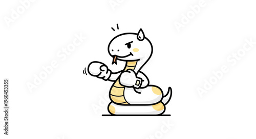 Cute cartoon snake mascot in boxing gloves ready to strike with playful determination for