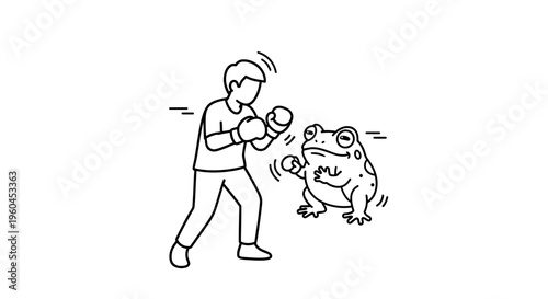 Humorous illustrated contest showing a person boxing against an amphibian opponent
