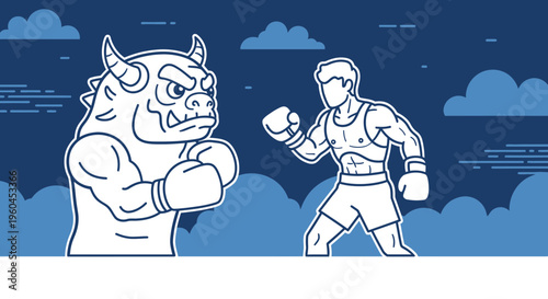 Dynamic Illustration of a Boxer Confronting a Formidable Horned Monster in a Symbolic Showdown