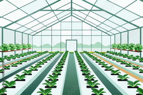 An illustration of a bright empty greenhouse with rows of young plants