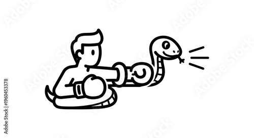 Quirky cartoon illustrating a gloved fighter striking a smiling serpent in a humorous black and