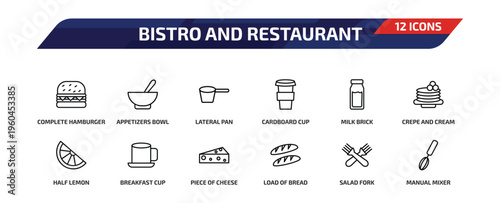 bistro and restaurant outline icon set. 12 linear vector for ui, web and mobile. thin line complete hamburger, appetizers bowl, lateral pan and more icons.