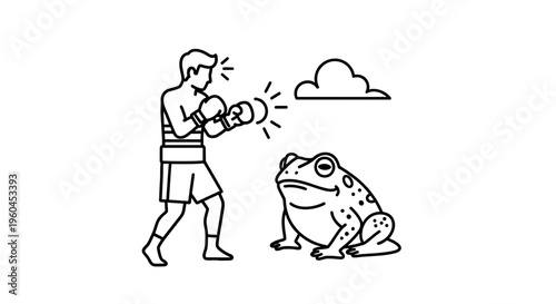 Humorous Monochrome Illustration of Boxer Facing a Stoic Toad Under a Lone Cloud Scene