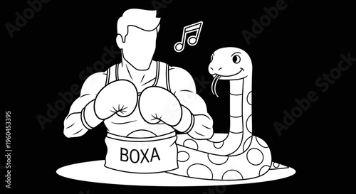 Illustrative black and white depiction of a powerful boxer standing proudly beside a cheerful