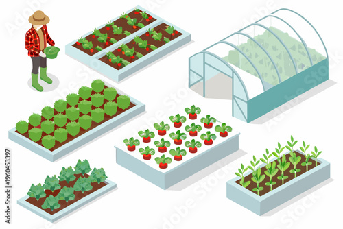Isometric illustration of a gardener and various vegetable garden beds