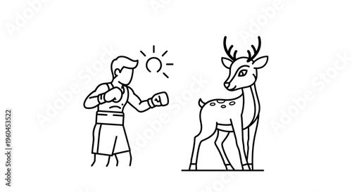 Abstract depiction of an athletic individual confronting a majestic wild deer in a minimalist art