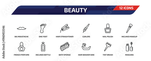 beauty outline icon set. 12 linear vector for ui, web and mobile. thin line big moustache, one foot, hair straightener and more icons.