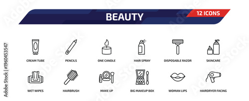 beauty outline icon set. 12 linear vector for ui, web and mobile. thin line cream tube, pencils, one candle and more icons.