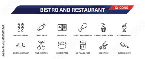 bistro and restaurant outline icon set. 12 linear vector for ui, web and mobile. thin line two brochettes, candy balls, open menu and more icons.