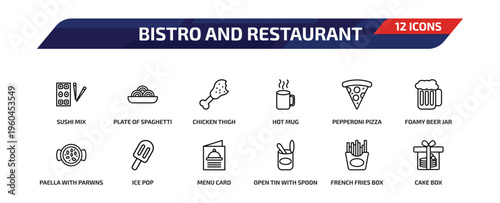 bistro and restaurant outline icon set. 12 linear vector for ui, web and mobile. thin line sushi mix, plate of spaghetti, chicken thigh and more icons.
