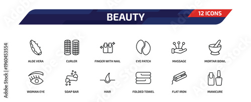 beauty outline icon set. 12 linear vector for ui, web and mobile. thin line aloe vera, curler, finger with nail and more icons.