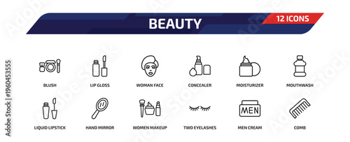 beauty outline icon set. 12 linear vector for ui, web and mobile. thin line blush, lip gloss, woman face and more icons.