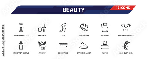 beauty outline icon set. 12 linear vector for ui, web and mobile. thin line shampoo bottle, eyeliner, legs and more icons.