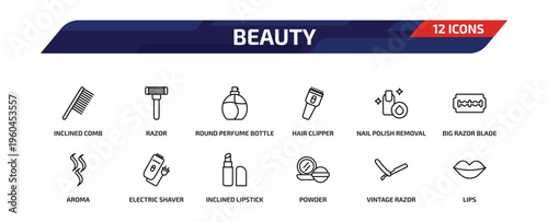 beauty outline icon set. 12 linear vector for ui, web and mobile. thin line inclined comb, razor, round perfume bottle and more icons.