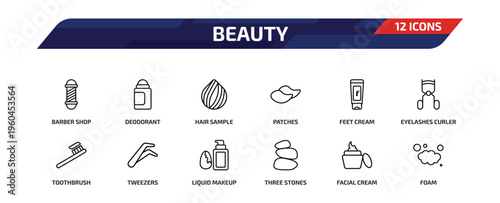 beauty outline icon set. 12 linear vector for ui, web and mobile. thin line barber shop, deodorant, hair sample and more icons.