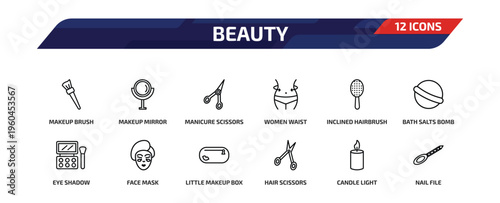 beauty outline icon set. 12 linear vector for ui, web and mobile. thin line makeup brush, makeup mirror, manicure scissors and more icons.