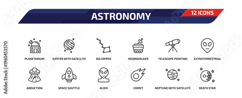 astronomy outline icon set. 12 linear vector for ui, web and mobile. thin line planetarium, jupiter with satellite, big dipper and more icons.