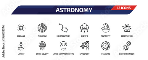 astronomy outline icon set. 12 linear vector for ui, web and mobile. thin line big bang, airscrew, constellation and more icons.