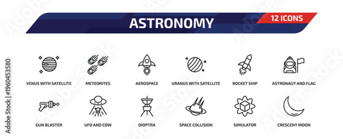 astronomy outline icon set. 12 linear vector for ui, web and mobile. thin line venus with satellite, meteorites, aerospace and more icons.