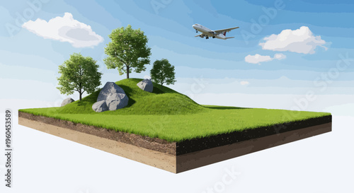 A 3D cross-section of a vibrant green landscape with trees and rocks sits beneath a blue sky as an airplane flies overhead.