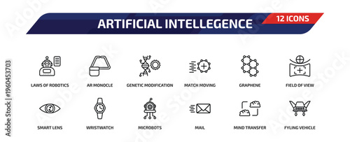 artificial intellegence outline icon set. 12 linear vector for ui, web and mobile. thin line laws of robotics, ar monocle, genetic modification and more icons.