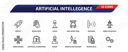 artificial intellegence outline icon set. 12 linear vector for ui, web and mobile. thin line rocket, biometrics, chess and more icons.