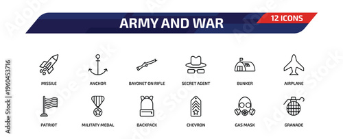 army and war outline icon set. 12 linear vector for ui, web and mobile. thin line missile, anchor, bayonet on rifle and more icons.