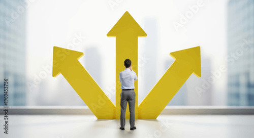 A businessman stands facing three large yellow arrows pointing in different directions, symbolizing difficult choices, decisions, and future paths.