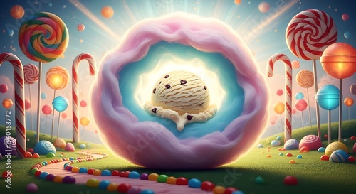 Whimsical Ice Cream Scoop Floating in Cotton Candy Cloud Amidst a Fantasy Candy Land Landscape with Giant Lollipops and Sweet Path