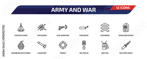 army and war outline icon set. 12 linear vector for ui, web and mobile. thin line fighter plane, explosion, gun shooting and more icons.