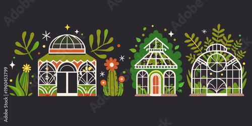 Stylized illustration of four whimsical greenhouses with botanical details