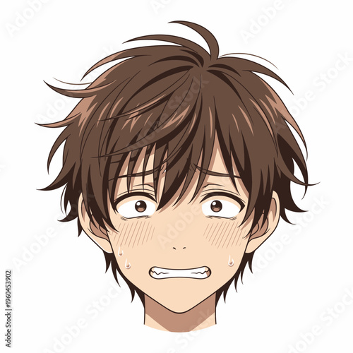 Anime character with a worried expression and messy brown hair.