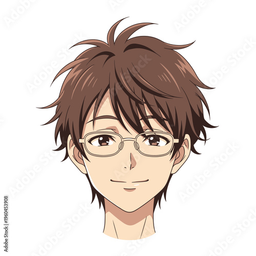 Anime character with brown spiky hair and glasses smiling.