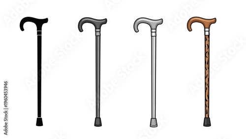 Four different types of walking canes for elderly support shown in various finishes including solid black grey silver and wood grain textures.