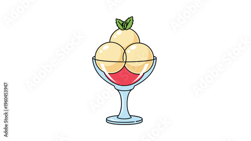 Delicious ice cream sundae served in a glass bowl with three scoops of vanilla and a red sauce topping garnished with fresh green mint leaves.