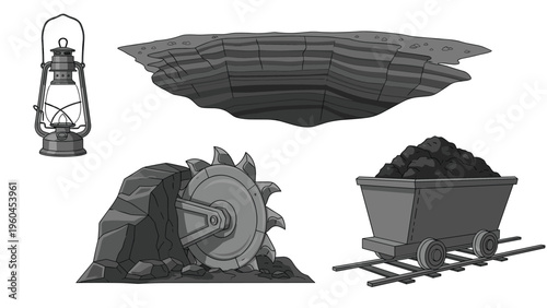 Mining industry illustrations featuring an oil lantern, a large open pit mine, a coal cutting machine and a loaded rail cart.
