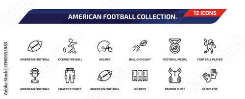 american football collection. outline icon set. 12 linear vector for ui, web and mobile. thin line american football, kicking the ball, helmet and more icons.
