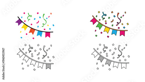 Party decoration banners with colorful flags confetti and streamers shown in four different illustrative styles for festive event planning.